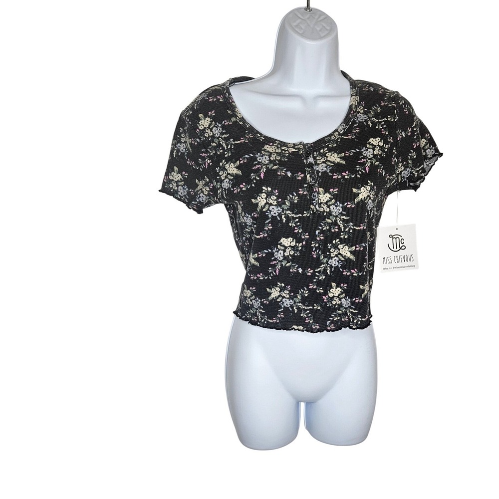 Miss Chievous Black Floral Crop Top Rib-Knit Henley Button Tee Women's S‎